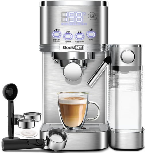 Geek Chef Espresso And Cappuccino Machine 3in1 With Automatic Milk Frother, 20Bar Espresso Maker For Home, For Cappuccino Or Latte,  with ESE POD Filter, Stainless Steel, Gift For Coffee Lover ( ONLY US SHIPPING )